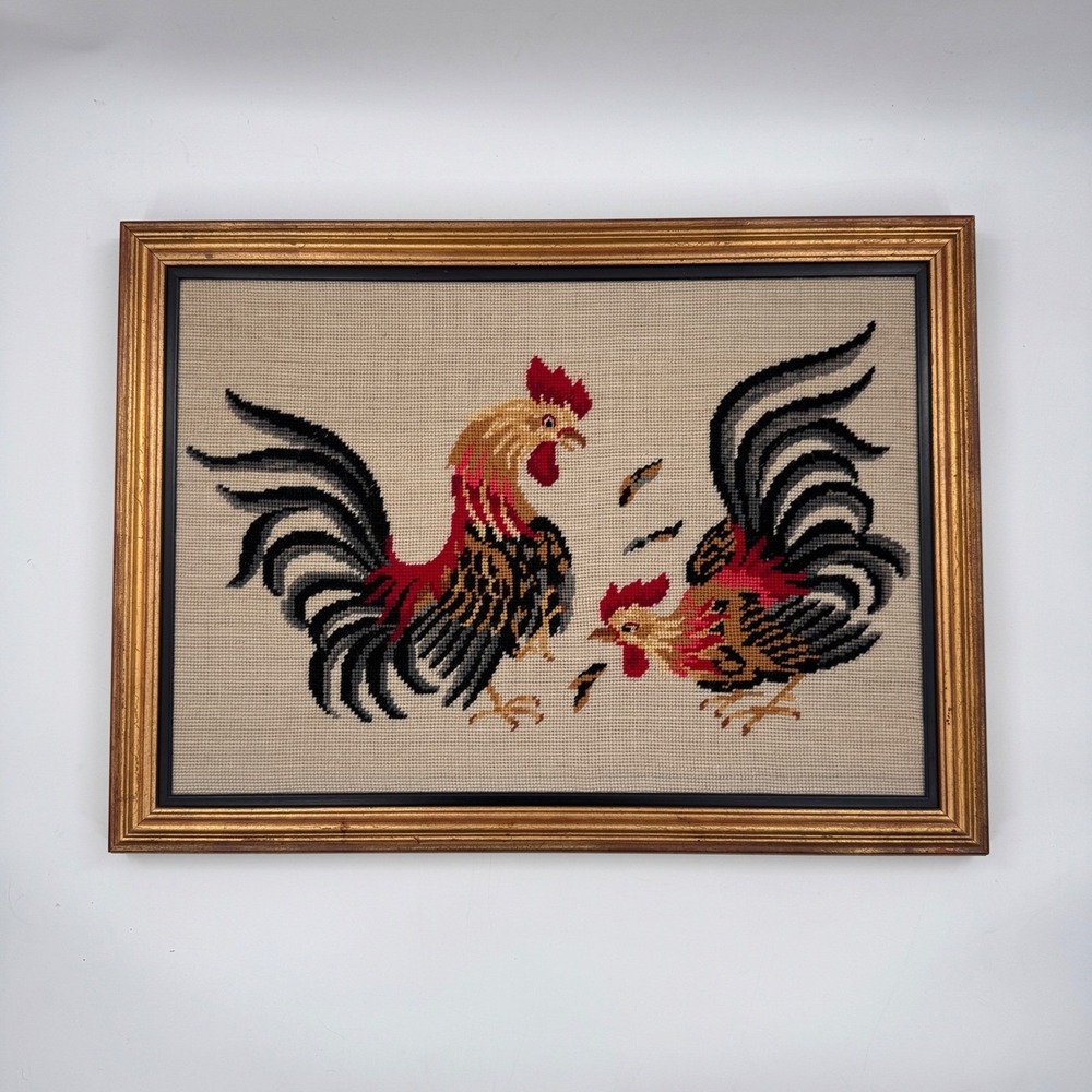 Vintage Roosters Needlepoint Traditional Americana Art